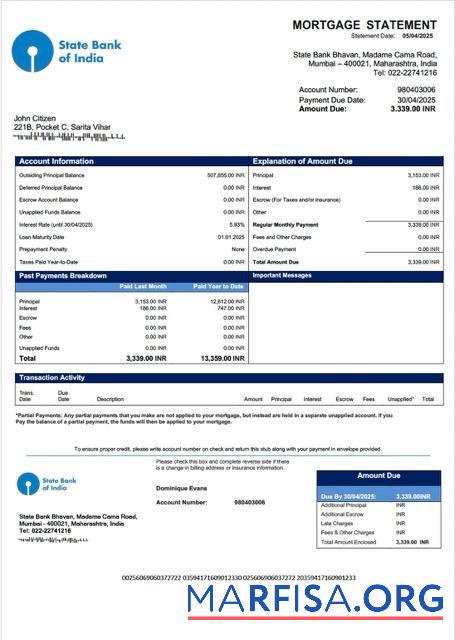 Blank India State Bank of India mortgage statement Word and PDF template